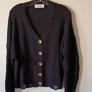 Black Ribbed Button-Up Sweater Cbrand Size M